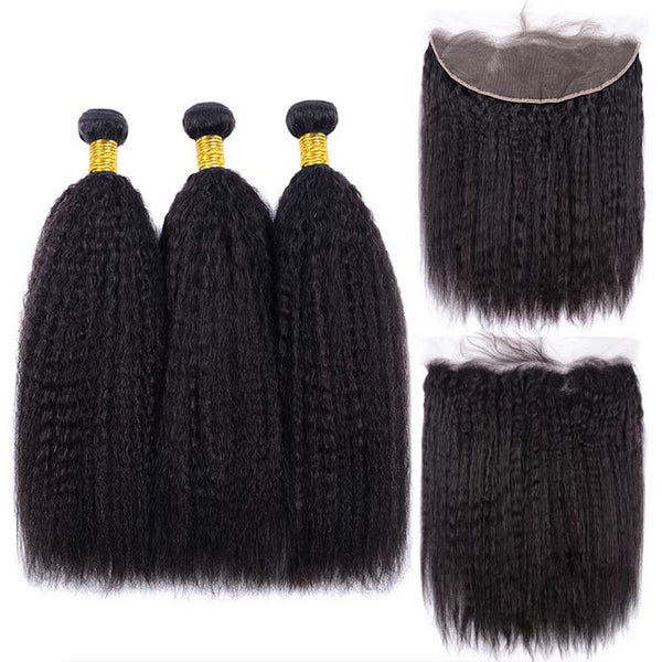 Brazilian Hair Kinky Straight Hair 3 Bundles With a Pre Plucked Ear To Ear Lace Frontal