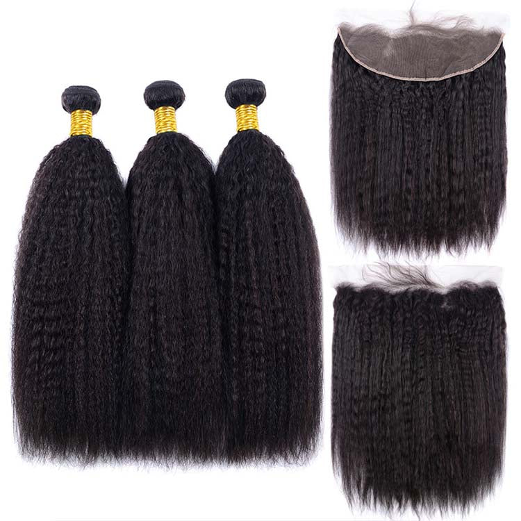 Brazilian Hair Kinky Straight Hair 3 Bundles With a Pre Plucked Ear To Ear Lace Frontal