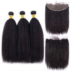 Brazilian Hair Kinky Straight Hair 3 Bundles With a Pre Plucked Ear To Ear Lace Frontal