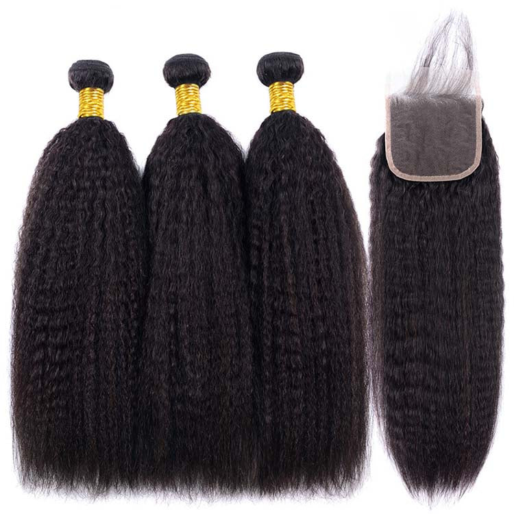 Kinky Straight Hair 3 Bundles With a Brazilian Kinky Straight Hair 4x4 Lace Closure