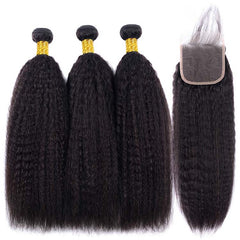 Kinky Straight Hair 3 Bundles With a Brazilian Kinky Straight Hair 4x4 Lace Closure