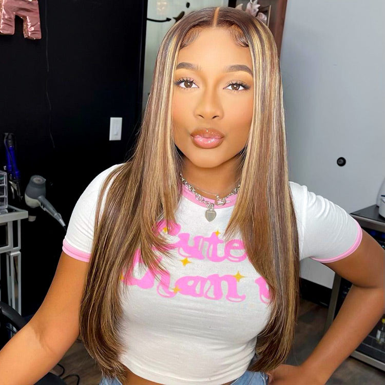 Layered Highlight Wigs Honey Blonde Balayage Highlights Wig Human Hair