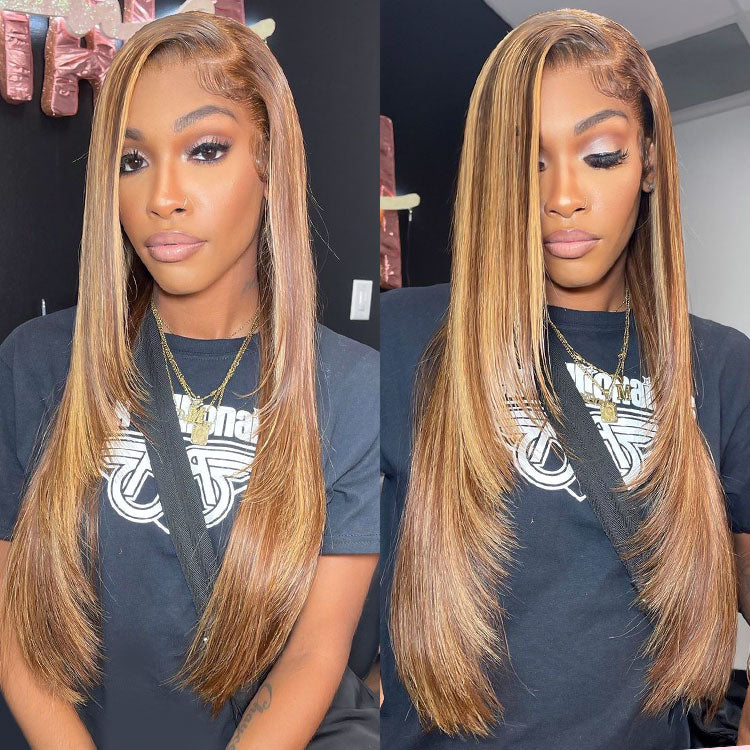 Layered Highlight Wigs Honey Blonde Balayage Highlights Wig Human Hair
