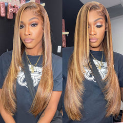 Layered Highlight Wigs Honey Blonde Balayage Highlights Wig Human Hair