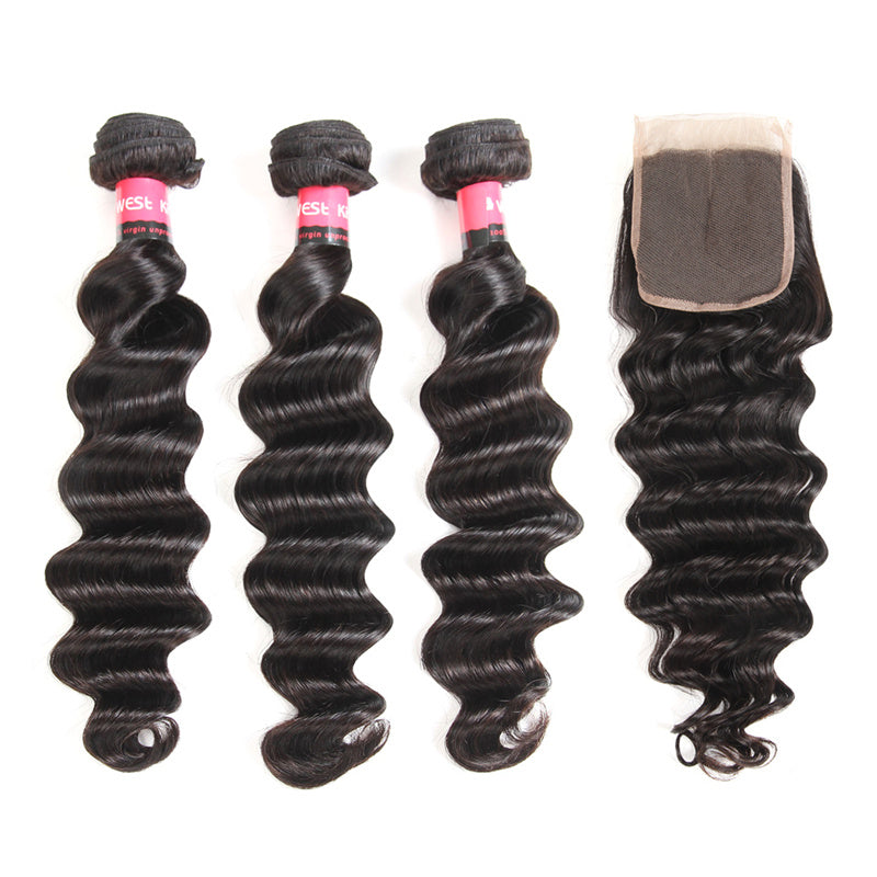 Loose Deep 3pc Weaves With Closures 4*4 Lace Closures Human Hair Extensions