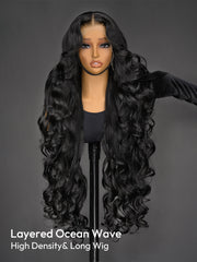 30-40 Inch Natural Black Ocean Wave Layered Long Wig 13x6 HD Lace Front Wig 250% Density Glueless & Breathable