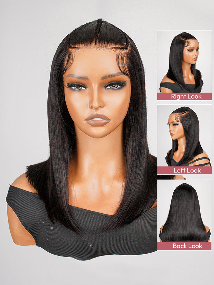 Pre-Styled Natural Black 10-14Inch Short Bob Wigs Ready To Go Pre-Cut 13x4 No Need Glue Lace Front Wigs
