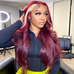 Burgundy & Blonde Skunk Stripe Lace Front Wig Transparent Human Hair Wig