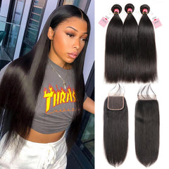 West Kiss Brazilian Straight Hair 3 Bundles With Lace Closures Straight Human Hair