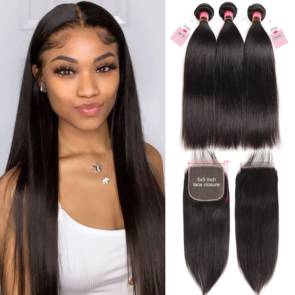 Straight Human Hair 3 Bundles And 5*5 HD Lace Closure Bundle Deals With Closure