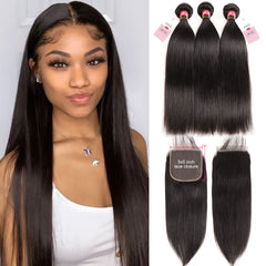 Straight Human Hair 3 Bundles And 5*5 HD Lace Closure Bundle Deals With Closure